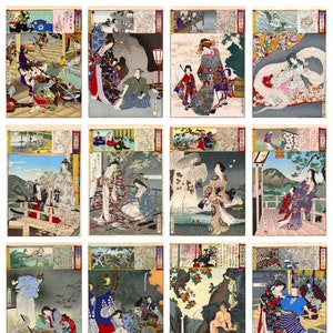 12 x Antike japanische Postkarten, östliche Brokat-Postkarten (1) - ein Set von 12 Reproduktionskunstpostkarten - hochwertiges 300gsm mattes Fotopapier