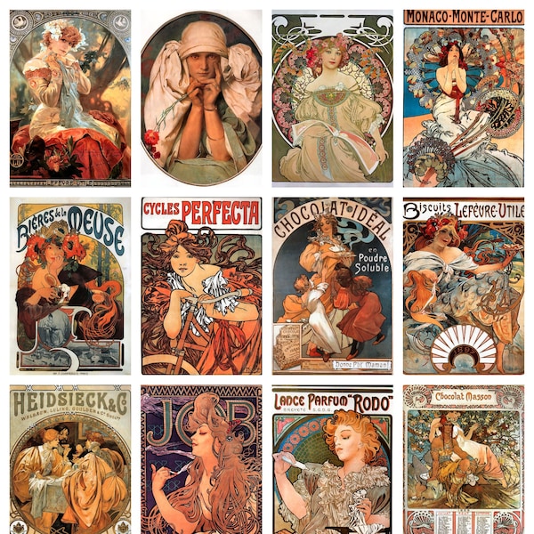 12 x Vintage Art Nouveau Postkarten – ein Set von 12 individuellen Alphonse Mucha Reproduktionskunstpostkarten.