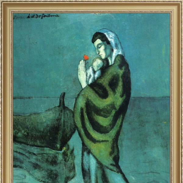 Pablo Picasso, Mere et enfant au bord de la mer, 1902, A4/A3 reproductie fine art print. Zwaar papier / echt kunstcanvas