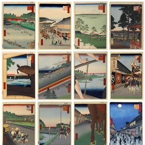 12 x Utagawa Hiroshige, 100 berühmte Ansichten von Edo (7), ein Satz von 12 Reproduktionskunstpostkarten - hochwertiges 300gsm mattes Fotopapier