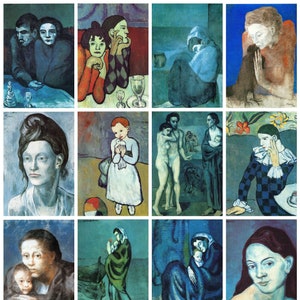 12 x Picasso Blue Period postcards – a set of 12 reproduction art postcard-sized mini-prints - 300gsm premium-quality matte photo card