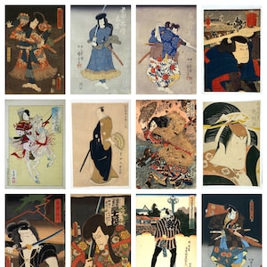 12 x Antique Samurai postcards – a set of 12 individual 19th century reproduction art postcards - premium quality 300gsm matte photo card