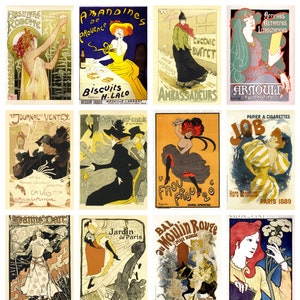 Puede incluir: Un collage de carteles publicitarios franceses vintage que presentan diversos productos y servicios. Los carteles son coloridos y presentan ilustraciones de personas, objetos y texto. Algunos de los carteles incluyen el texto "Absinthe Robcite", "Amandines de Provence", "Biscuits H. Lalo", "Divan Jaronais", "Frou Frou", "Bal du Moulin Rouge", "Job", "Jeanne Dalt", "Jane Avril Jardin de Paris", y "Salon Cent Paris 1889".