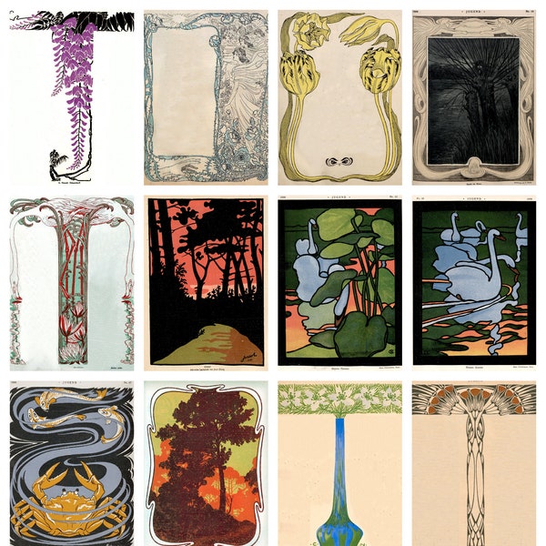 12 x Vintage Art Nouveau postcards – a set of 12 1890s German Art Nouveau & 'Jugendstil' reproduction art postcards.