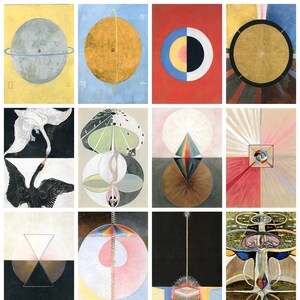 Puede incluir: Una serie de 12 pinturas abstractas del artista Wassily Kandinsky, de su serie "Concerning the Spiritual in Art". Las pinturas presentan formas geom&eacute;tricas, c&iacute;rculos y l&iacute;neas en varios colores, incluyendo amarillo, azul, rojo, verde y negro.