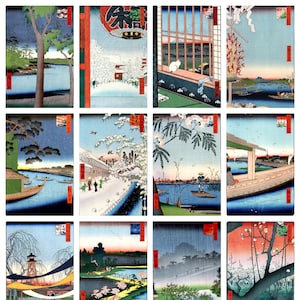 12 x Utagawa Hiroshige, 100 vues célèbres d'Edo (5), un ensemble de 12 reproductions de cartes postales d'art - papier photo mat de haute qualité 300 g