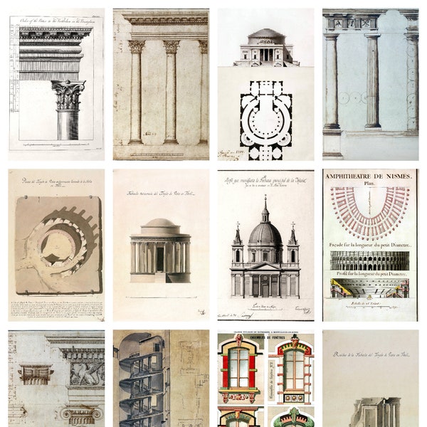 12 x Antique architectural postcards – a set of 12 reproduction art postcards -  premium-quality 300gsm matte photo paper, archival inks