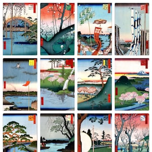 12 x Utagawa Hiroshige, 100 famose vedute di Edo (2), un set di 12 cartoline artistiche riprodotte - carta fotografica opaca di qualità premium da 300 gsm