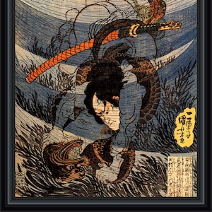 Utagawa Kuniyoshi - Takagi Toranosuke Dive-Fishing, 1856 - 19c Japanese woodblock print, A4 / A3 heavyweight art paper, archival inks