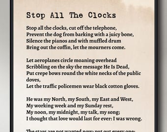 Detener todos los relojes de W. H. Auden, impresión del poema Detener todos los relojes, impresión artística, póster Detener todos los relojes, impresión del poema, enmarcado / sin marco