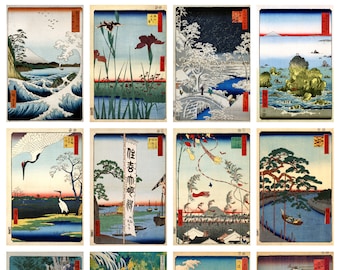 12 x Antique Utagawa Hiroshige postcards, 19th century – a set of 12 reproduction art postcards -  premium-quality 300gsm matte photo card
