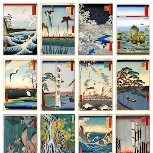12 x Antike Utagawa Hiroshige Postkarten, 19.Jahrhundert - ein Set von 12 Reproduktionskunstpostkarten - hochwertiger 300gsm matter Fotokarton