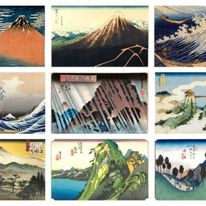 12 x Antike japanische Postkarten von Katsushika Hokusai - ein Set von 12 Reproduktion Kunstpostkarten - hochwertiger 300gsm matter Fotokarton