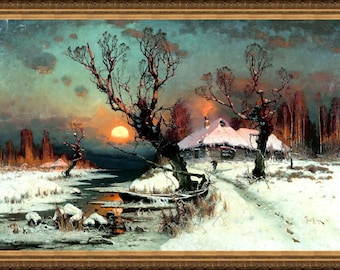 Julius Klever, Winter Sunset III, c.1860,  A4 / A3 reproduction fine art print. Heavyweight textured art paper, archival inks