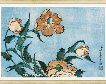 Poppies in Blue  - artist unknown - 19th century Japanese woodblock print, A4 / A3 heavyweight art paper, archival inks