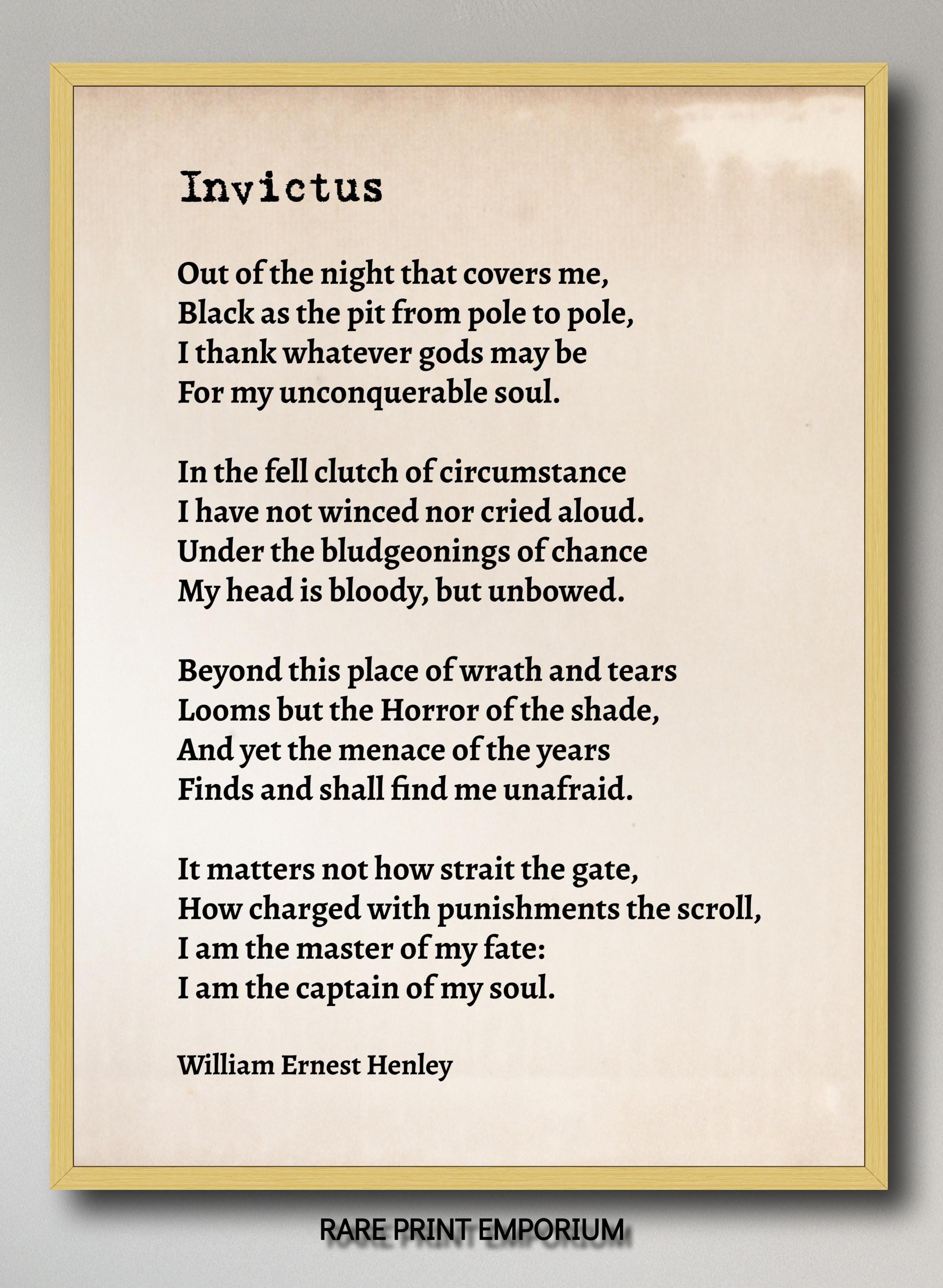 Invictus by William Ernest Henley, Print Poem Invictus Art Print ...