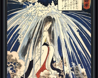 Utagawa Kuniyoshi - Hatsuhana's Penance at the Waterfall - 19th c Japanese woodblock print, A4 / A3 heavyweight art paper, archival inks