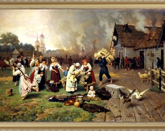 Nikolai Drmitriev Orenburgsky, Fire in the Village -  A4 / A3 reproduction fine art print. Heavyweight textured art paper, archival inks