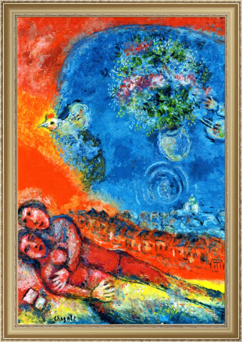 Marc Chagall, Couple on a Red Background, 1943, A4 / A3 reproduction fine art print. Heavyweight paper / real art canvas image 1