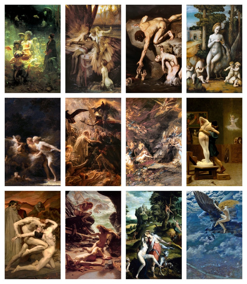 Puede incluir: Un collage de nueve pinturas que representan diversas escenas mitol&oacute;gicas. Las pinturas presentan figuras en varias poses, incluyendo una figura alada, una figura desnuda y una figura sosteniendo una espada. Las pinturas est&aacute;n ambientadas en una variedad de fondos, incluyendo un bosque, una monta&ntilde;a y un cielo.