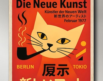 Pipe Smoking Cat, The New Art Berlin Tokyo - German Japanese Exhibition Poster - Striking design -Poster, Framed/Unframed