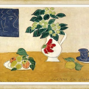 May include: A still life painting featuring a white jug with red flowers, a blue cup and saucer, a bowl of fruit, and a portrait of a woman in a blue frame. The painting is signed "Henri Matisse 1947" and titled "Lierre en fleurs".