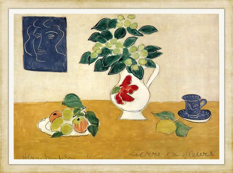 May include: A still life painting featuring a white jug with red flowers, a blue cup and saucer, a bowl of fruit, and a portrait of a woman in a blue frame. The painting is signed "Henri Matisse 1947" and titled "Lierre en fleurs".