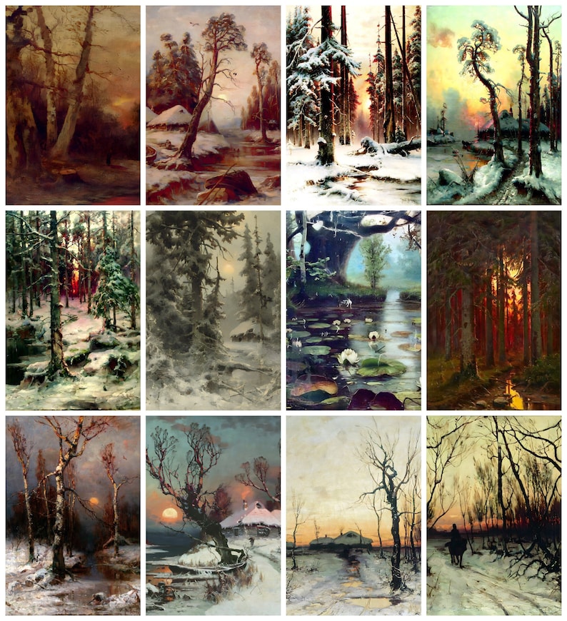 Puede incluir: Un collage de diez pinturas que representan diferentes escenas de invierno en un bosque. Las pinturas presentan &aacute;rboles cubiertos de nieve, lagos congelados y una variedad de colores, incluyendo azul, verde, marr&oacute;n y blanco.