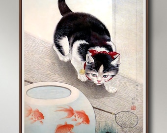 Ohara Koson, Cat and Goldfish Bowl, 1933, Japanese w/bl print, INSTANT DOWNLOAD ultra-hi-res XL 300dpi print-ready digital files in 5 ratios