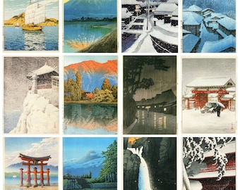12 x Kawase Hasui 川瀬 巴水 postcards – a set of 12 reproduction art postcard-sized mini-prints -  premium-quality 300gsm matte photo card