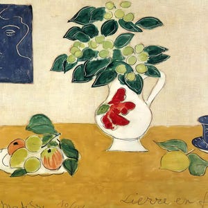 May include: A still life painting featuring a white jug with red flowers, a blue and white teacup and saucer, a plate of fruit, and a blue portrait of a woman. The painting is titled "Lierre en fleurs".