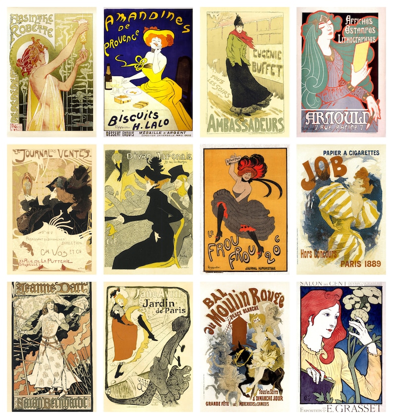 Puede incluir: Un collage de carteles publicitarios franceses vintage que presentan diversos productos y servicios. Los carteles son coloridos y presentan ilustraciones de personas, objetos y texto. Algunos de los carteles incluyen el texto "Absinthe Robcite", "Amandines de Provence", "Biscuits H. Lalo", "Divan Jaronais", "Frou Frou", "Bal du Moulin Rouge", "Job", "Jeanne Dalt", "Jane Avril Jardin de Paris", y "Salon Cent Paris 1889".