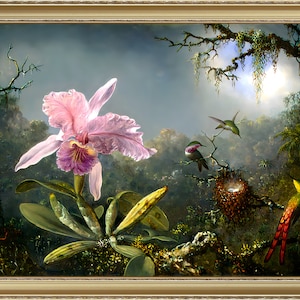 Martin Johnson Heade, Orchid and Hummingbirds, 1871- A4 / A3 reproduction fine art print. Heavyweight textured art paper, archival inks