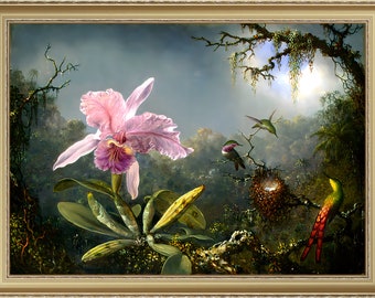 Martin Johnson Heade, Orchid and Hummingbirds, 1871- A4 / A3 reproduction fine art print. Heavyweight textured art paper, archival inks
