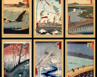 6 x A4 Antique Japanese prints – a set of six individual 19th century reproduction woodblock prints. A4 / A3 Posters, Home Decor, Wall Art