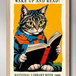 ¡Despierta y lee! Semana Nacional de las Bibliotecas 1960, póster artístico mate premium A4/A3/A2/A1/A0, regalo para amantes de los gatos, sin marco/con marco