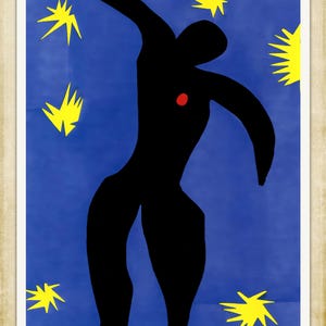May include: A black silhouette of a person with a red dot on their chest, dancing against a blue background with yellow stars.