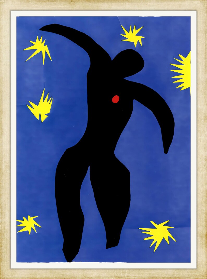 May include: A black silhouette of a person with a red dot on their chest, dancing against a blue background with yellow stars.
