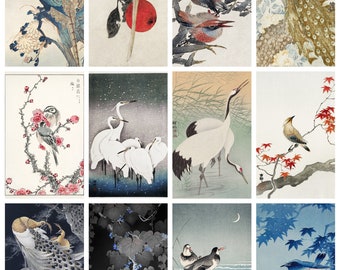 12 x Antique Japanese bird postcards – a set of 12 individual 19th c. reproduction art postcards - premium-quality 300gsm matte photo card