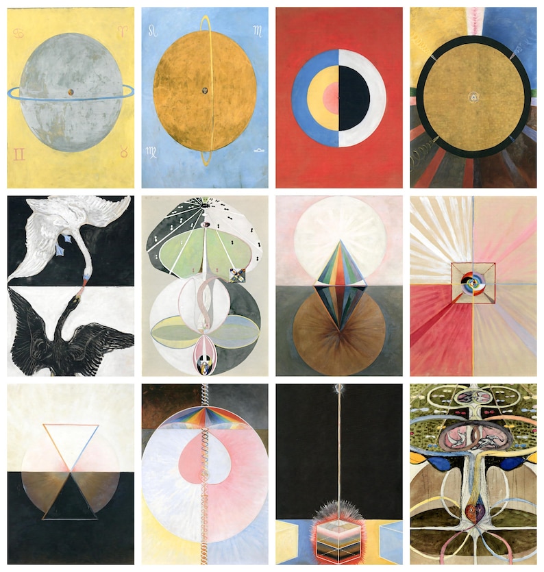 Puede incluir: Una serie de 12 pinturas abstractas del artista Wassily Kandinsky, de su serie "Concerning the Spiritual in Art". Las pinturas presentan formas geom&eacute;tricas, c&iacute;rculos y l&iacute;neas en varios colores, incluyendo amarillo, azul, rojo, verde y negro.