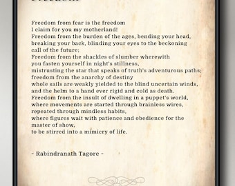 Freedom by Rabindranath Tagore, Print Poem, Art Print, Inspirational Poster, Poem Print, framed / unframed