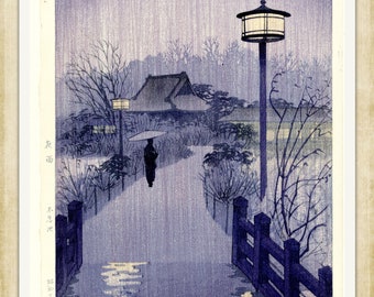 KASAMATSU, Shiro, Rainy Evening at Shinobazu Pond 19th century Japanese woodblock print, A4 / A3 heavyweight art paper, archival inks