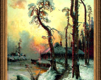 Julius Klever, Winter Sunset IV, c.1860,  A4 / A3 reproduction fine art print. Heavyweight textured art paper, archival inks