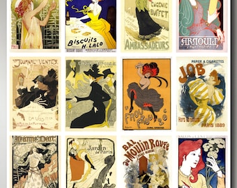 12 x Vintage French Belle Époque postcards – a set of 12 individual reproduction art postcard-sized mini prints, late 19th & early 20th c.