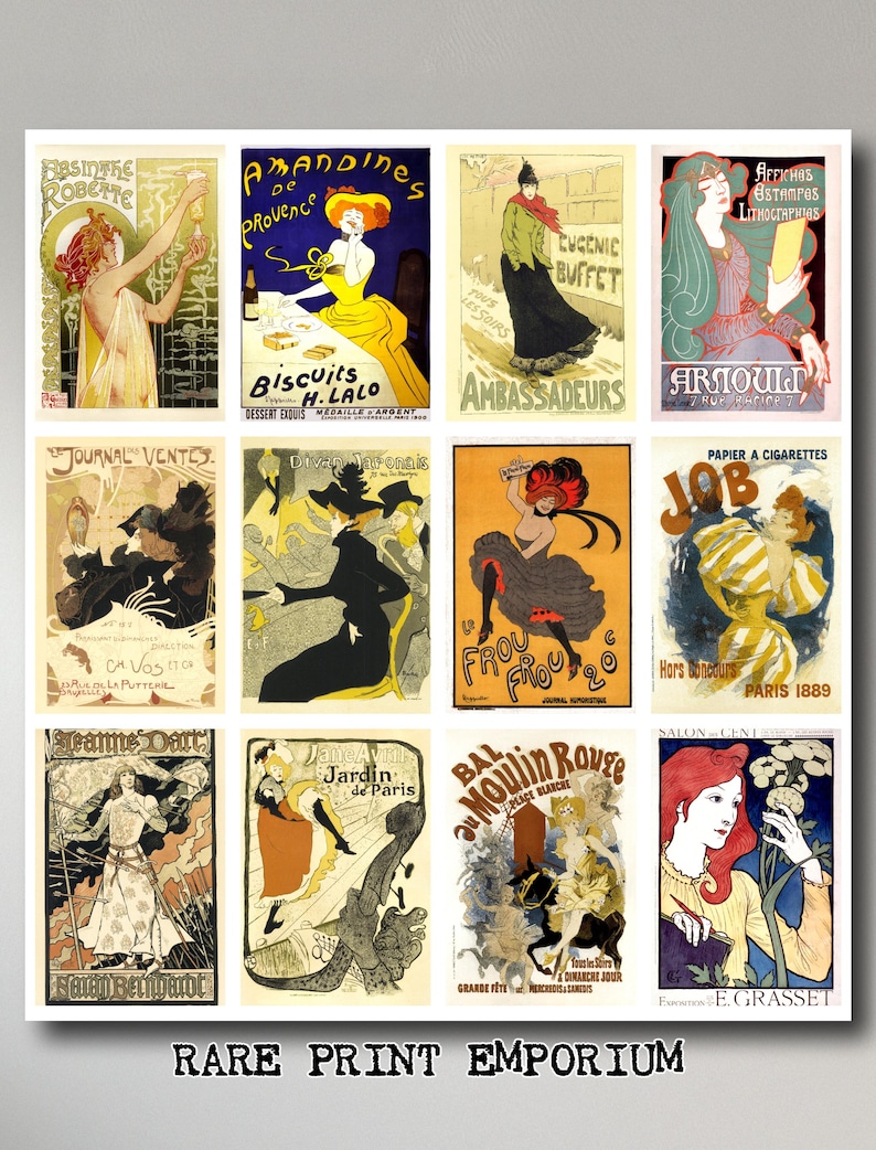 Puede incluir: Un collage de carteles publicitarios franceses vintage con mujeres en diversas poses y escenarios. Los carteles son de varios colores, incluyendo rojo, amarillo, azul y verde. Los carteles est&aacute;n todos en franc&eacute;s y presentan texto como "Journal Ventes", "Divan Japonais", "Frou Frou", "Bal du Moulin Rouge" y "Salon de Genie".