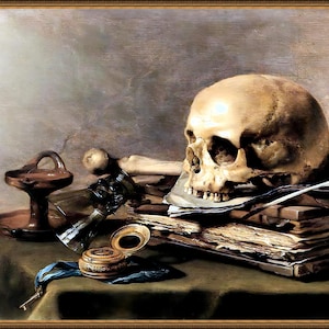 Vanitas Memento Mori Still Life, 1630s, fine art print. Heavyweight matte paper. Unframed