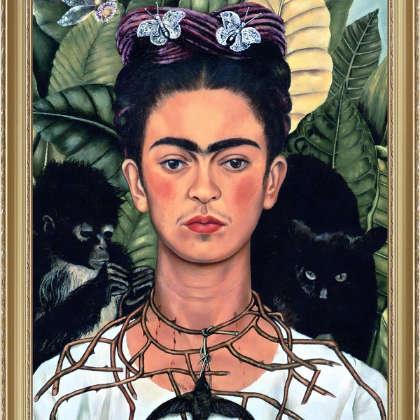 Frida Kahlo, Autoportrait avec collier d'épines, 1940, reproduction A4 / A3 tirage d'art. Papier épais/véritable toile d'art.