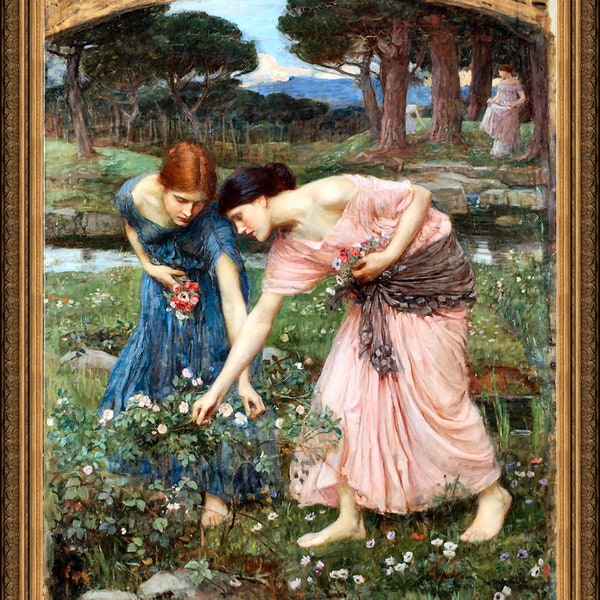 John W. Waterhouse, Rassemblez vos boutons de rose pendant que vous mai - Reproduction d'art A4 / A3. Papier épais/véritable toile d'art.