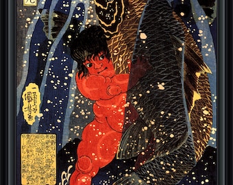 Utagawa Kuniyoshi - Sakata Kintoki Battles a Carp - 1836 - Japanese woodblock print, A4 / A3 heavyweight art paper, archival inks