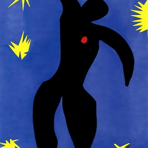 May include: A black silhouette of a person with a red dot on their chest, dancing against a blue background with yellow stars.